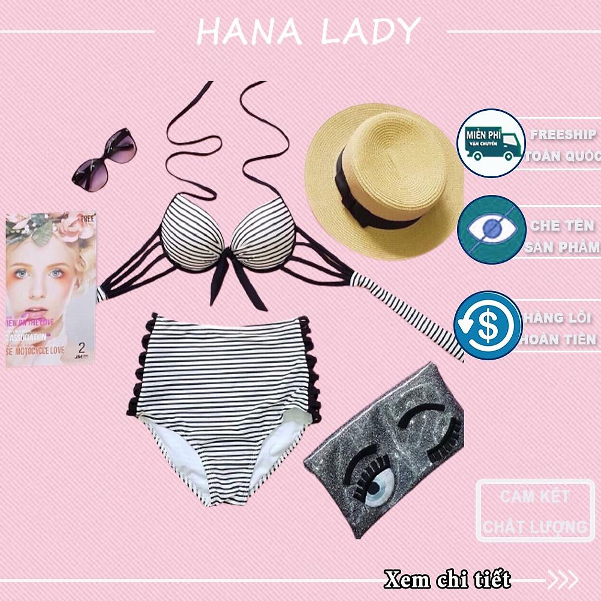 Bikini mảnh đồ bơi cạp cao sọc caro đan dây sexy tắm biển quyến rũ BN Tiki