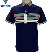 Viettien - Áo thun nam có cổ sọc ngang Xanh navy 6S3090 Regular