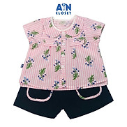 Bộ quần áo ngắn bé gái họa tiết Kẻ hồng hoa tím quần xanh cotton