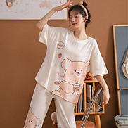 Bộ Mặc Nhà Pyjama Lửng Cộc Tay Cổ Tròn Cotton Co Dãn Mềm Mại