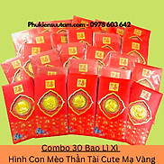 Combo 30 Bao Lì Xì Hình Con Mèo Thần Tài Cute Mạ Vàng, kích thước 17cmx9cm