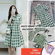 Váy Bầu Baby Doll Kẻ Caro Xanh Cổ Sen Logo Dứa Thêu HD2831 Honey Mommy Đầm