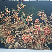 Tranh sơn mài đắp nổi chim công và hoa mẫu đơn, hoa đào 60x120 cm