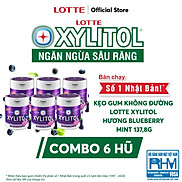 Combo 6 hũ Kẹo Gum không đường Lotte Xylitol - Hương Blueberry Mint 137,8 g