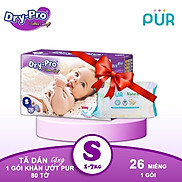 Combo Tã bỉm dán Dry-Pro S26 3kg-7kg + tặng 1 gói khăn ướt Pur 80 tờ cho bé