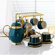 Bộ bình tràuống trà cà phê màu xanh cổ vịt viền vàng kèm Giá treo cốc