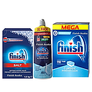 Combo muối rửa bát Finish 1,5kg+viên rửa bát Finish 120 viên+Nước làm bóng