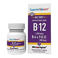 Superior Source No Shot Vitamin B12 Methylcobalamin 1000 mcg Sublingual - B6 - Folic Acid - Instant Dissolve Tablets - Methyl B12 Supplement 60 Count thumbnail