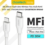 Dây cáp sạc nhanh 30W chuẩn MFI PD Type-C ra L (iP) hiệu Choetech IP0040 - Chuẩn sạc an toàn RoHS, chiều dài 200cm, Truyền dữ liệu 480Mbps, siêu bền, chất liệu TPE - Hàng nhập khẩu