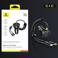 Tẩu sạc nhanh 2 cổng trên ô tô 60W Baseus Circular Plastic Car Charger tích hợp cáp lò xo Type C và iP - Hàng chính hãng