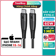 Dây Cáp Sạc Type C to C Sạc Nhanh 60W, Dài 1m, Dây Dù Nylon Siêu Bền RAVPower RP-CB047 - Hàng Chính Hãng