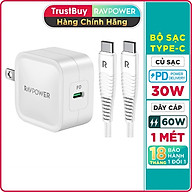 Bộ Củ Sạc Nhanh Type C 30W Cho iPhone 15, iP16, Cho SamSung RAVPower RP-PC120 Và Cáp Type C to C RP-CB047 - Hàng Chính Hãng