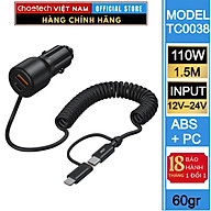 Tẩu sạc nhanh 2 cổng trên ô tô 110W Choetech TC0038 tích hợp cáp lò xo Type C kèm đầu nối IP dài 1.5M (Hàng chính hãng)