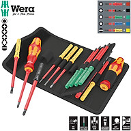 Bộ tua vít cách điện Kraftform Kompakt VDE 17 Universal 1 gồm 4 cạnh, dẹp, hoa thị  các đầu vít thay đổi được gồm 17 chiếc Wera 05006611001