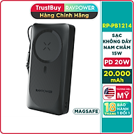 Pin Sạc Dự Phòng 20000mAh RAVPower RP-PB1214 Sạc Nhanh 20W, Sạc Không Dây Nam Châm Tối Đa 15W, Tương Thích Mag.Safe iPhone - Hàng Chính Hãng