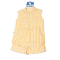 Bộ quần áo ngắn cho mẹ họa tiết Kẻ vàng trắng cổ sơ mi linen cotton - AICDMEXU7K6V - AIN Closet thumbnail