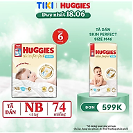 Tã/bỉm dán sơ sinh Huggies Skin Perfect NB 70+4 miếng với 2 vùng thấm giảm kích ứng da