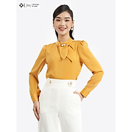 Áo kiểu nữ màu vàng thiết kế cổ tròn vạt khăn cách điệu xinh xắn LINBI thumbnail