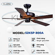 Quạt trần cách gỗ không đèn Klasse 52KSP 800B Hàng chính hãng