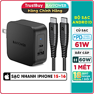 Combo RAVPower Củ Sạc Điện Thoại USB Type-C 61W RP-PC105 + Dây Cáp Sạc Type C to Type C RP-CB047 - Hàng Chính Hãng