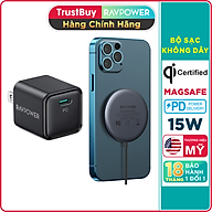 Bộ Sạc Không Dây Mag.Safe Nam Châm Hít 15W RAVPower RP-WC012-WC-B Kèm Củ Sạc Type-C 20W Dành Cho iPhone 14, Cho iPhone 13, iPhone 12 - Hàng Chính Hãng