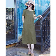 Đầm suông linen xanh rêu cổ vuông, thời trang xuân hè 2021 thumbnail