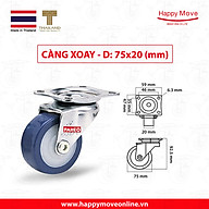 Bánh xe đẩy PU tải nhẹ càng xoay 360 độ - 50-65-75mm - Happy Move Thái Lan