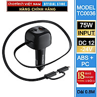 Tẩu sạc ô tô 75W Choetech TC0036 tích hợp cáp sạc rút Type C kèm đầu nối iP (Hàng chính hãng)