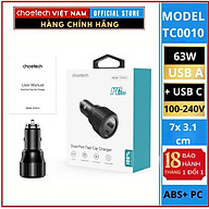 Tẩu sạc CHOETECH TC0010 ô tô PD 63W có 2 cổng ( 1 Type C+ 1 USB)- Hàng chính hãng