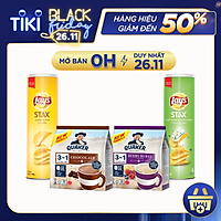 Combo Cho Cả Nhà: Thức Uống Yến Mạch Quaker 3in1 Vị Chocolate, Berry & Bánh Snack Khoai Tây Miếng Lay's Stax Malaysia Vị Tự Nhiên, Kem Chua Hành Hộp 160g