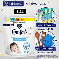 Nước xả làm mềm vải 3.2L Comfort Chăm sóc dịu nhẹ Cho da nhạy cảm, phù hợp với em bé Công thức riêng dịu nhẹ sử dụng nguyên liệu chính từ 100% nguồn gốc thực vật để sản xuất hoạt chất làm mềm vải