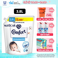 Nước xả làm mềm vải 3.8L Comfort Chăm sóc dịu nhẹ Cho da nhạy cảm, phù hợp với em bé Công thức riêng dịu nhẹ sử dụng nguyên liệu chính từ 100% nguồn gốc thực vật để sản xuất hoạt chất làm mềm vải
