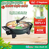 Lẩu điện 2 ngăn đa năng Nagakawa NAG1905 (5L) - Lòng nồi nguyên khối - 5 mức điều chỉnh - Hàng Chính Hãng