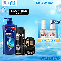 Bộ sản phẩm chăm sóc nam giới đến từ Clear Men và AXE, gồm: 1 dầu gội sạch gàu nam Clear Men Cool Sport (630g) + 1 xịt nước hoa toàn thân AXE Black (135ml) + 1 sáp vuốt tóc AXE Pomade (75g)