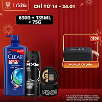 Bộ sản phẩm chăm sóc nam giới đến từ Clear Men và AXE, gồm: 1 dầu gội sạch gàu nam Clear Men Cool Sport (630g) + 1 xịt nước hoa toàn thân AXE Black (135ml) + 1 sáp vuốt tóc AXE Pomade (75g)