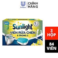 Combo 3 Hộp Viên Rửa Chén Bát (28V/hộp) Sunlight 5 in 1 Cho máy rửa chén bát Công nghệ PureClean không để lại vêt ố