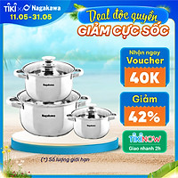 Bộ 3 Nồi Inox Cao Cấp 4 Đáy Nagakawa NAG1304 (16cm, 20cm, 24cm) Dùng Cho Mọi Loại Bếp - Hàng Chính Hãng