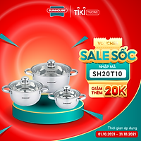 Bộ Nồi Inox 3 Đáy Sunhouse SH335(16cm, 20cm, 24cm ) - Dùng trên mọi loại bếp - Hàng chính hãng