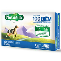 Thùng 48 Hộp NutiMilk Sữa Tươi 100 Điểm - Sữa Tươi Tiệt Trùng Ít Đường Hộp 110ml