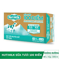 Thùng 48 hộp NutiMilk Sữa tươi 100 điểm - Sữa tươi nguyên chất tiệt trùng Không đường hộp 180ml