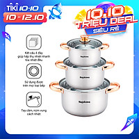 Bộ 3 nồi inox 4 đáy Nagakawa NAG1306 (16cm, 20cm, 24cm) - Quai mạ vàng - Dùng trên mọi loại bếp - Hàng Chính Hãng