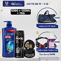 Bộ sản phẩm chăm sóc nam giới đến từ Clear Men và AXE, gồm: 1 dầu gội sạch gàu nam Clear Men Cool Sport (630g) + 1 xịt nước hoa toàn thân AXE Black (135ml) + 1 sáp vuốt tóc AXE Pomade (75g)