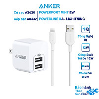 Combo Sạc Cho iPhone Anker 12W 2 cổng A2620 + Cáp Lightning A8432H11 0,9m Chuẩn MFi - Hàng Chính Hãng