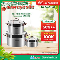 Bộ 3 Nồi Inox 304 Đáy Từ 5 Đáy Nagakawa NAG1352 (16cm, 20cm, 24cm) - Hàng Chính Hãng