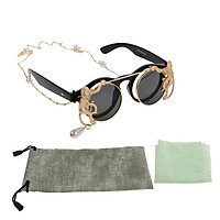 Steampunk Goth Goggles Glasses Retro Flip Up Round Sunglasses with Pearl Beads Chain Anti-slip Eyeglasses Holder