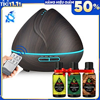 Máy Khuếch Tán Tinh Dầu Cao Cấp Chính Hãng Tặng 3 Chai Tinh Dầu Sả Chanh + Bạc Hà + Quế. Máy Xông Tinh Dầu Chuyên Dụng Có Remote Điều Khiển Từ Xa, Đèn LED Trang Trí, Xông Tinh Dầu và Phun Sương Tạo Ẩm