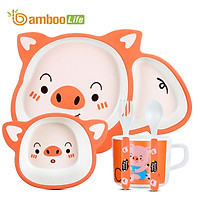 Bộ bát chén khay Bamboo Life từ sợi tre thiên nhiên gồm 5 chi tiết khay ăn, bát ăn, cốc nước, thìa, dĩa hàng chính hãng