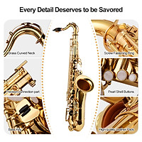 ammoon Bb Tenor Saxophone Sax Brass Body Gold Lacquered Surface Woodwind Instrument with Carry Case Gloves Cleaning