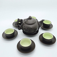 Bộ ấm chén/ bộ bình gốm cội nguồn đắp nổi (dáng đĩa lót)