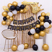 Set bóng trang trí sinh nhật happy birthday tone màu vàng gold đen, tặng kèm dây kết bóng, bơm, bé tuổi chuột, sét cho b